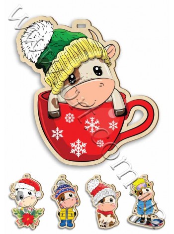 Бики, корови - підвіски новорічні, набір 6 штук