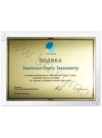 Диплом із металу та прозорого оргскла на замовлення